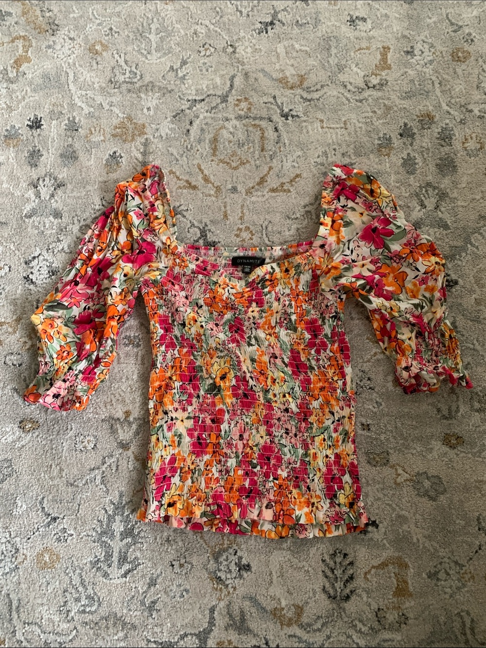 Dynamite Floral Smocked Puff-Sleeve Top in Pink & Orange